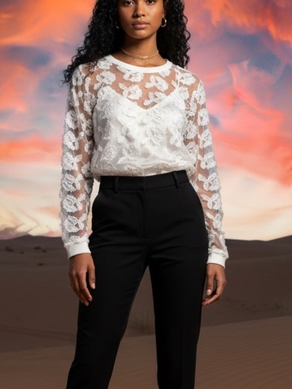 Piperlime Sheer Lace Floral Top Ivory Long Sleeve Romantic XL